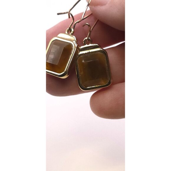 Gold-Plated Drop Earrings With Rectangular Brown Gemstone Accents - Picture 2 of 5